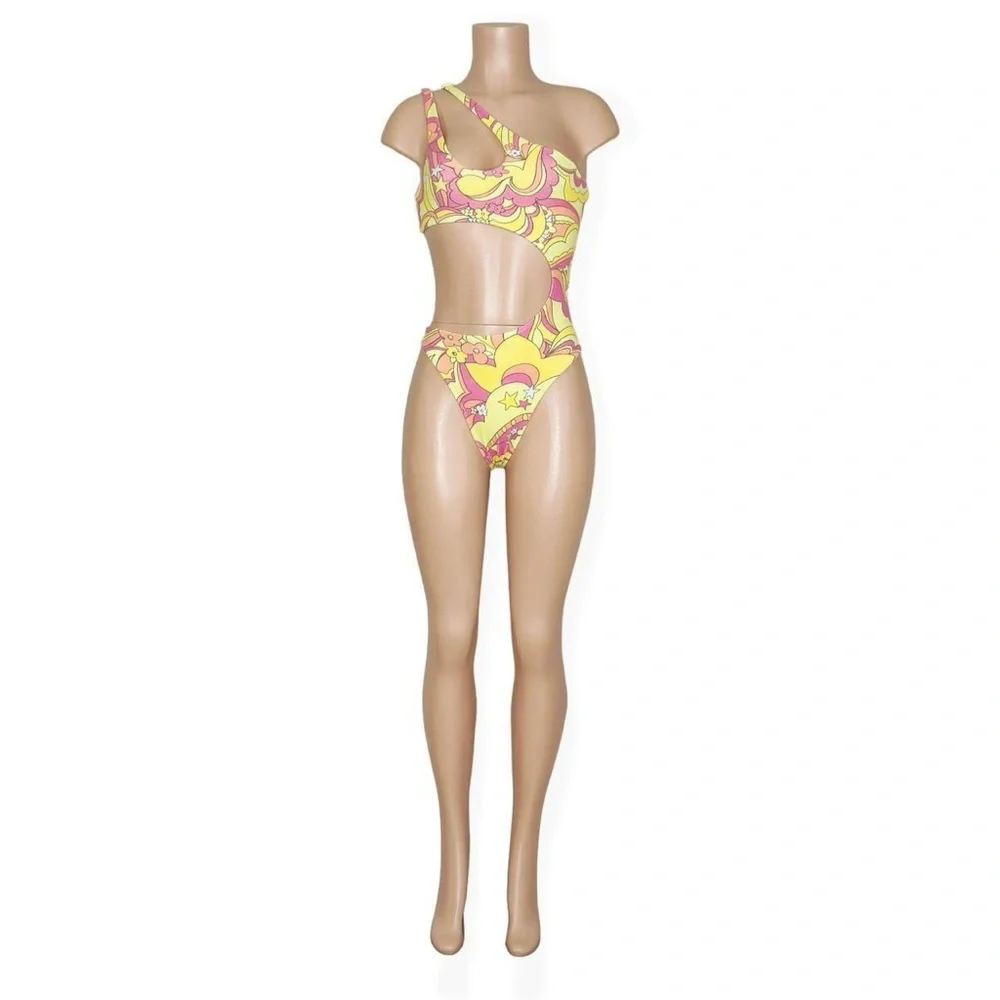 NEW FRANKIES BIKINIS Makie Terry One Piece Swim, Peace Terry, XS